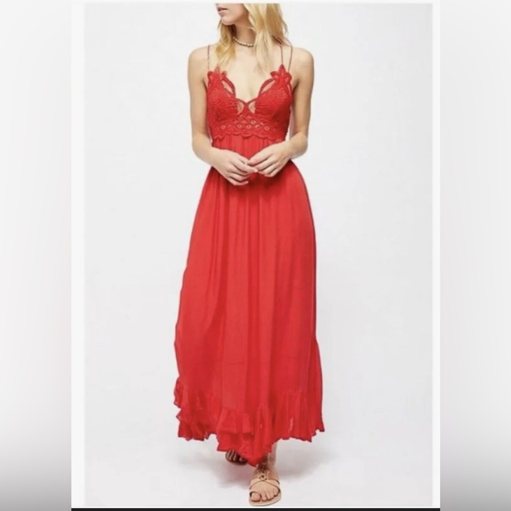 Free People Like New Adella Crochet Lace Ruffle Maxi Slip Full Length Red Dress - Picture 9 of 17